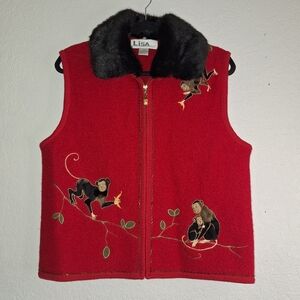 Vintage Lisa InternationalBoiled Wool Monkey Vest Faux Fur Removable Collar L
